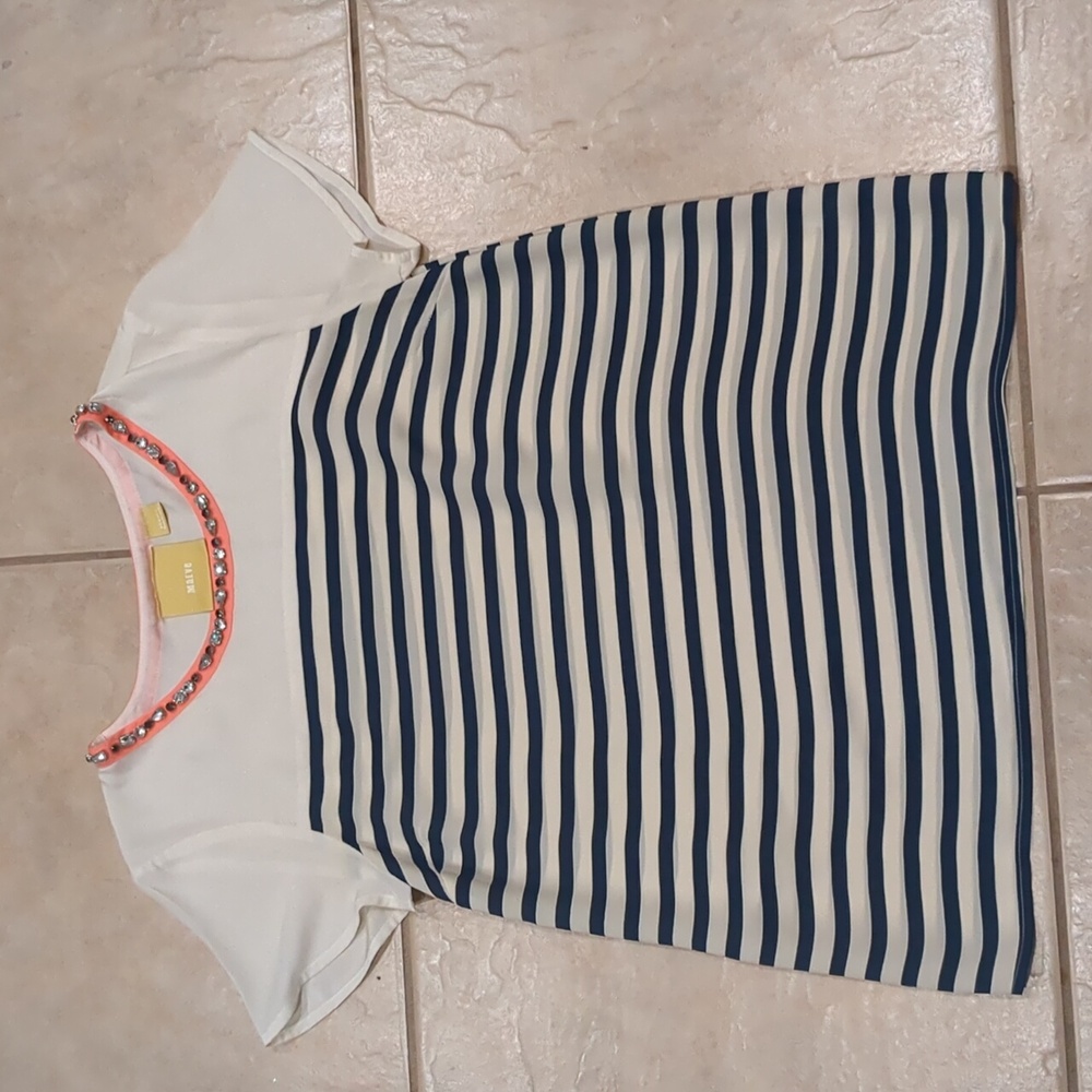 Anthropologie Maeve Striped Jeweled Neckline Short Sleeve Blouse Size XS